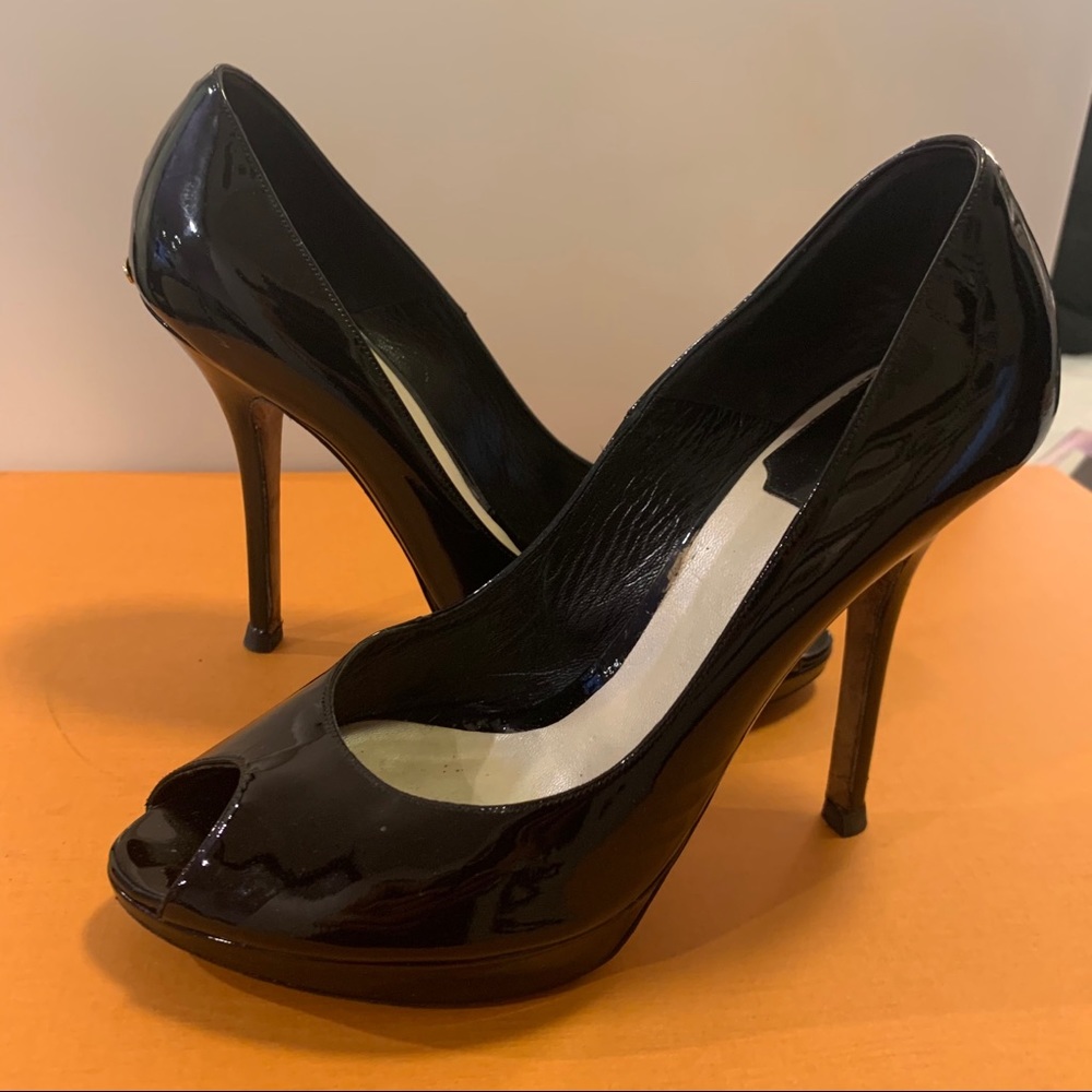 Cristian Dior Black Patent Leather Peep Toe Pumps